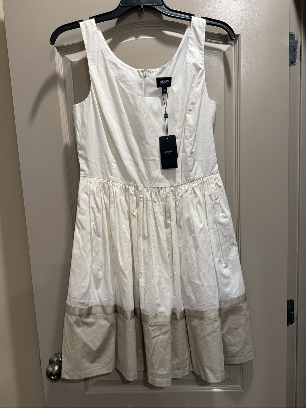 NWT Armani Jeans Ivory Fit & Flare Dress Grosgrain Ribbon Trim Size 46 (US 10)